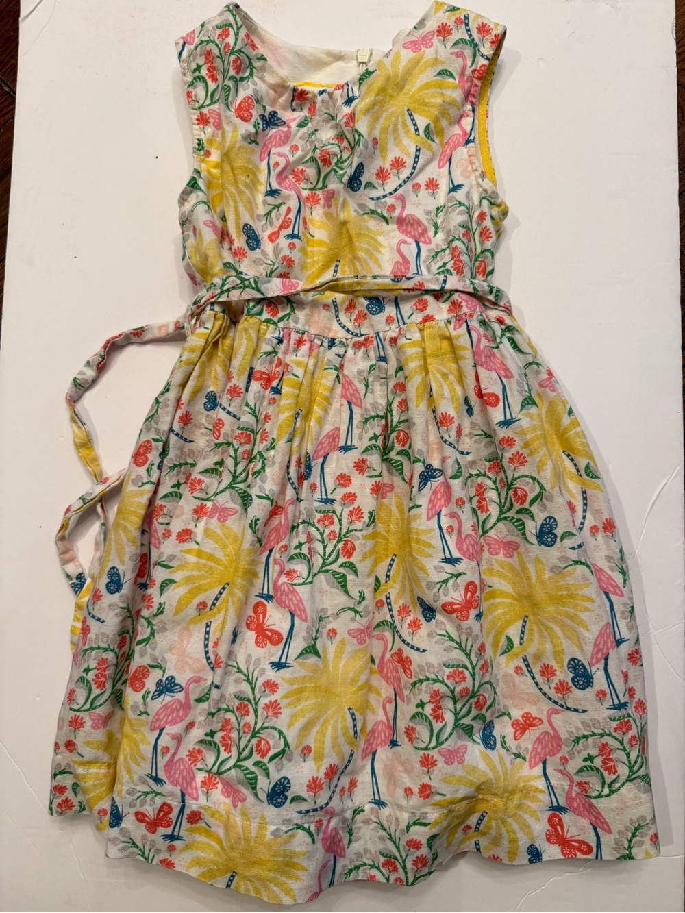 Mini Boden Tropical Flamingo Print Dress in Yellow, Pink & Green